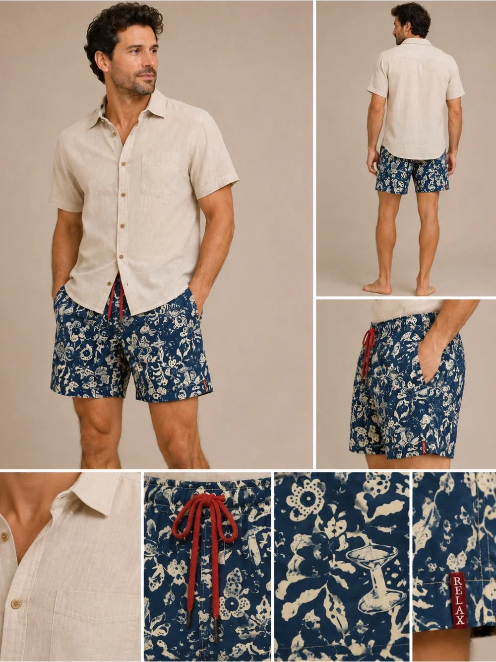 Tommy Bahama Navy Floral Tiki Swim Shorts with Red Drawcord L